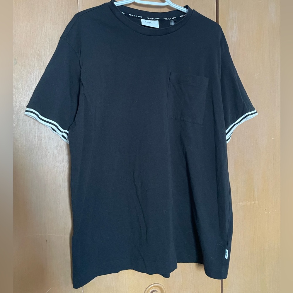 Classic Black T-Shirt with Striped Sleeves